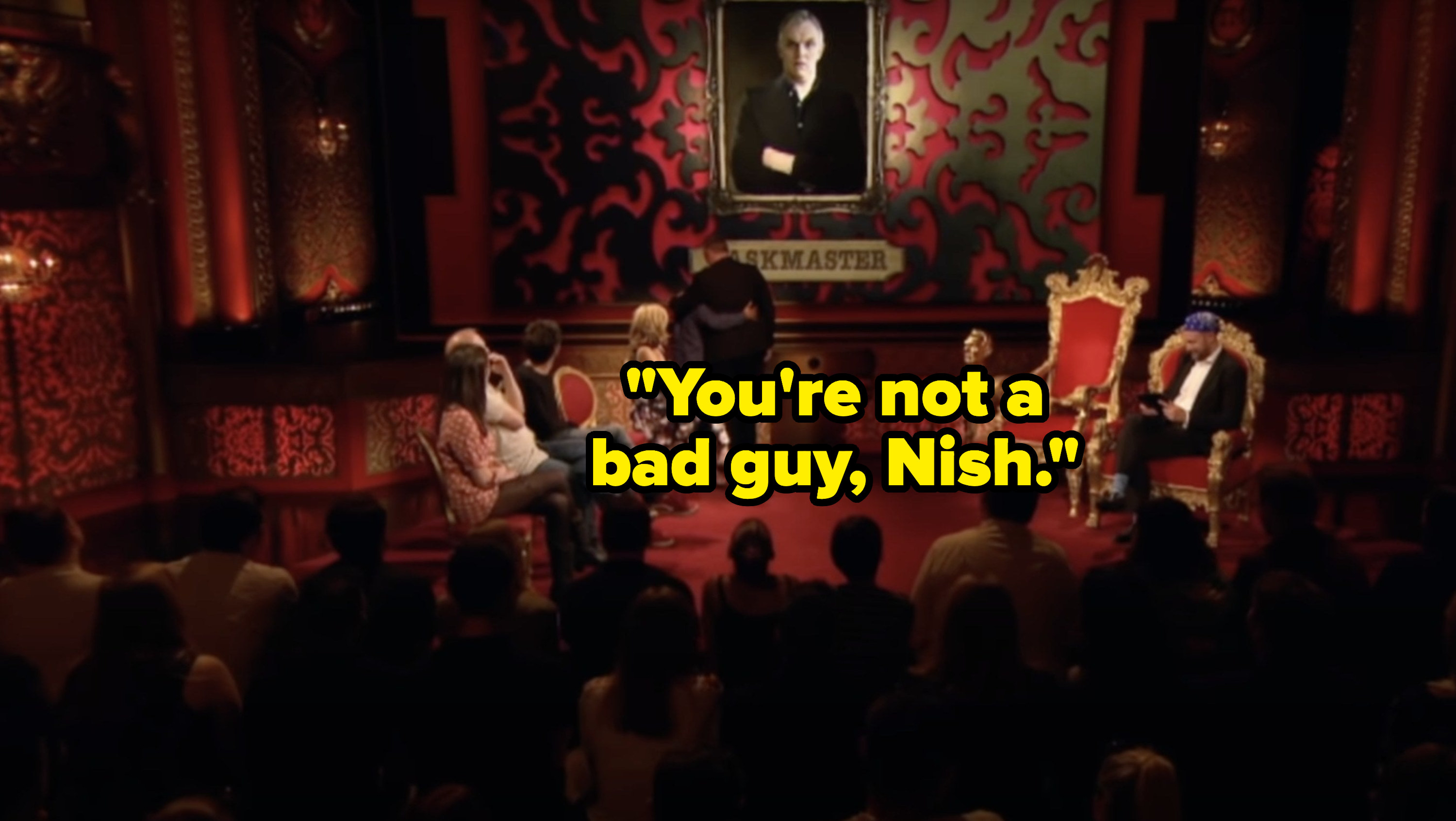 Greg Davies whispers to Nish Kumar, youre not a bad guy, Nish