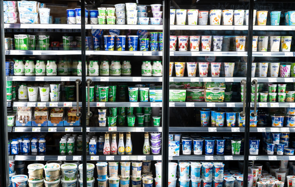 The dairy aisle at a market.