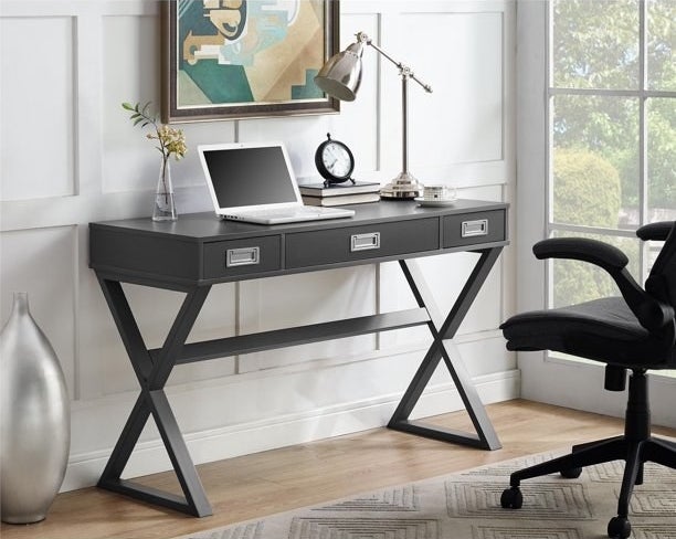 a gray campaign desk in a home office