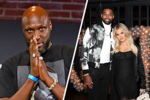 Lamar Odom with his hands clasped together and held up to his face. Tristan Thompson and Khloé Kardashian appear together in black and white outfits.