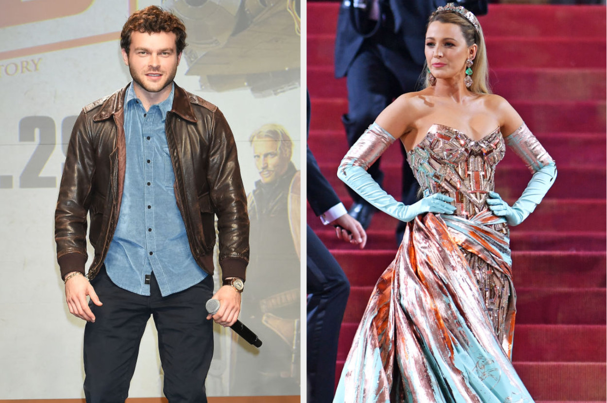 Alden Ehrenreich holding a mic; Blake Lively at the Met Gala