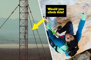 A woman scales a cliff opposite a TV tower