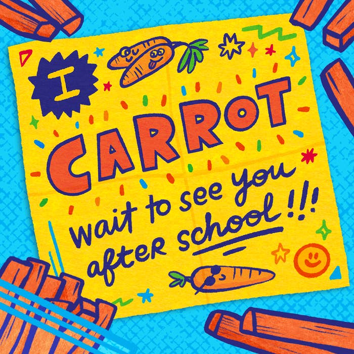 A school lunchbox note with &quot;I carrot wait to see you at home!&quot; and carrot sticks