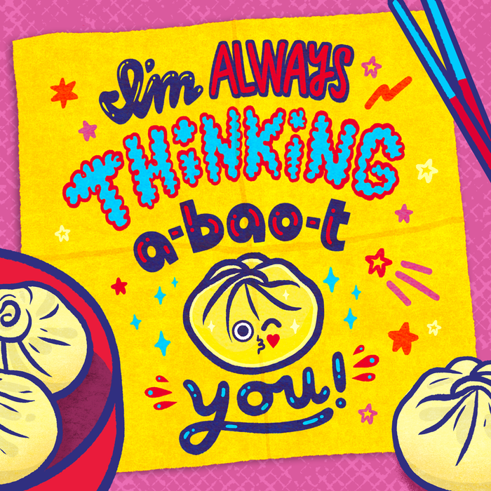 A school lunchbox note reading: &quot;I’m always thinking a-bao-t you&quot; with a bao bun
