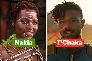 Nakia with a checkmark and someone labeled "T'Chaka" with an X