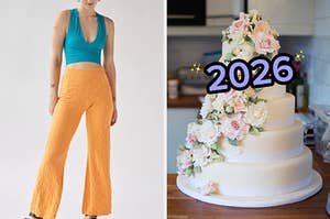 On the left, someone wearing a cropped halter top and flared pants, and on the right, a wedding cake with flowers on one side of it labeled 2026