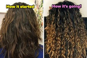 Reviewer showing before and after of using curling cream