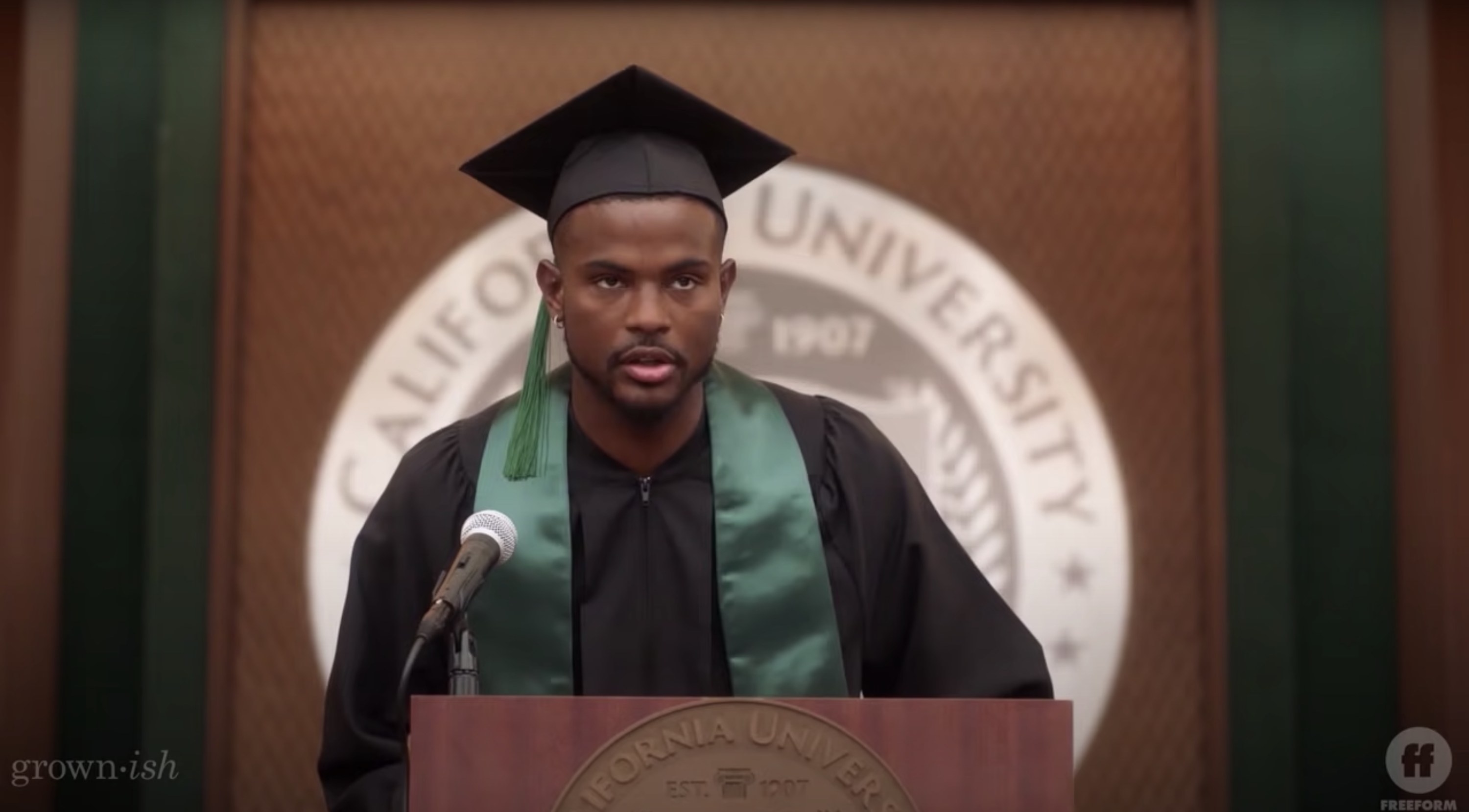 aaron in &quot;grown-ish&quot; delivers a speech during graduataion