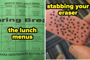 elementary school lunch menu and an eraser with a bunch of holes