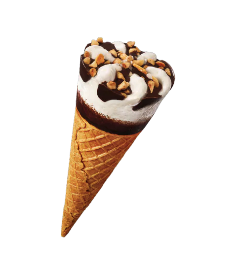 ice cream cone with chocolate swirls and peanuts