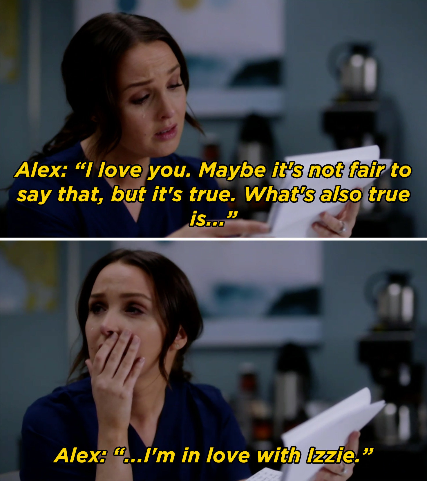 alex&#x27;s letter being read by another character, confessing he was also in love with Izzie