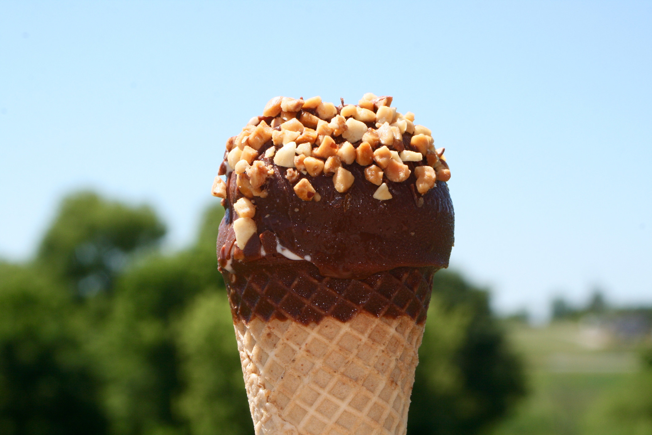cone dipped in chocolate and covered in peanuts