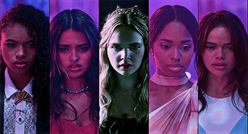 Close ups of the 5 main cast members of Pretty Little Liars: Original Sin in a split screen shot as they all look into the camera in horror