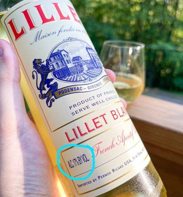 17% ABV circled on Lillet bottle
