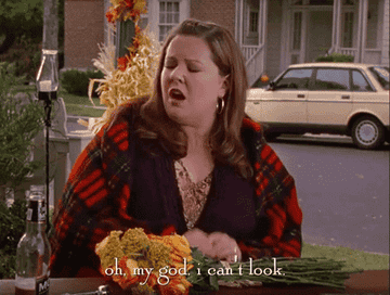 gif of character from gilmore girls saying oh my god i can&#x27;t look