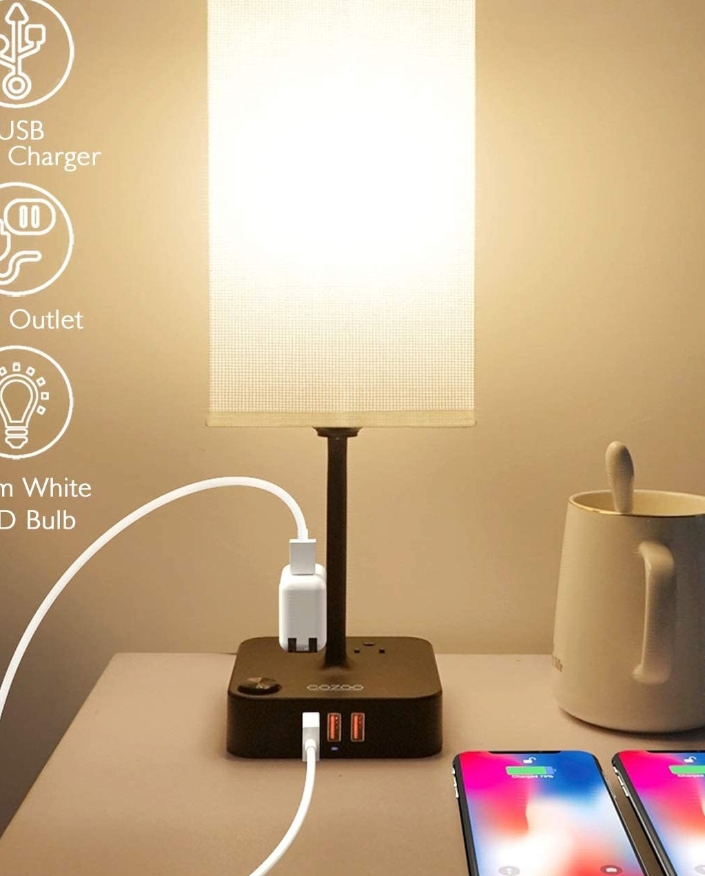 a table lamp with a base you can plug your devices into