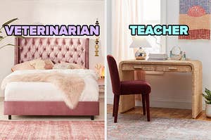 On the left, a bed with a big, silky headboard and a fluffy blanket on top of it labeled veterinarian, and on the right, a desk next to a window labeled teacher