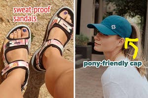 person wearing sport sandals, model wearing baseball cap that has a hole for a ponytail