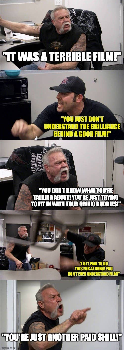 A meme about a movie critic and movie fan arguing
