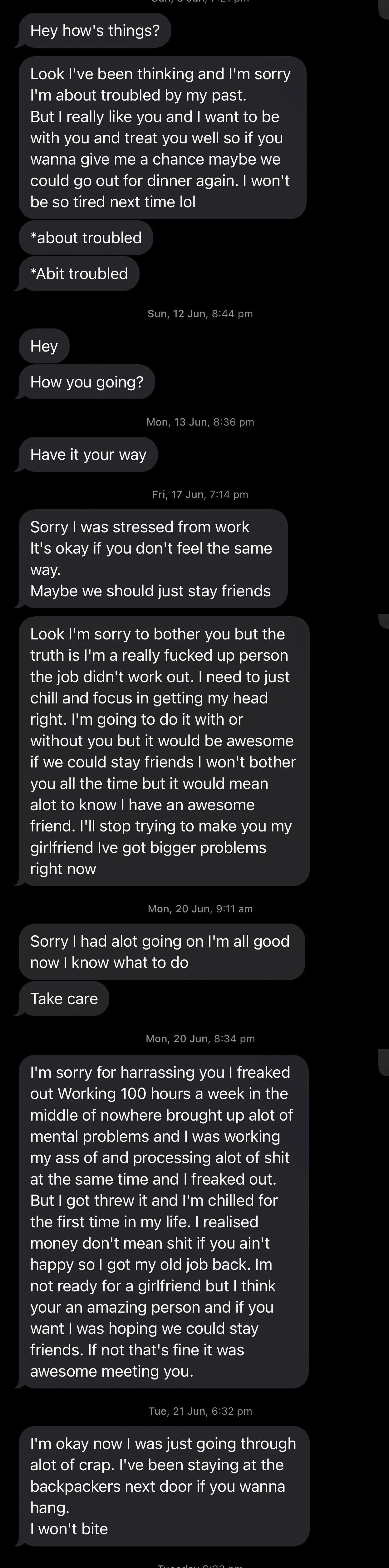 A person sends more than 10 messages over the course of two weeks without a response, revealing they&#x27;ve been dealing with poor mental health, first trying to go out on a date, then trying to stay friends