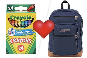 On the left is a box of crayons and on the right is a backpack
