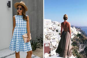 left image: model wearing blue gingham dress, right image: model wearing open back maxi dress