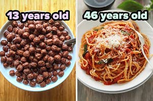 On the left, a bowl of chocolate cereal labeled 13 years old, and on the right, some spaghetti with marinara sauce labeled 46 years old