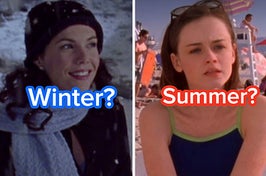 Lorelari Gilmore wears a hat and scarf in the snow and Rory Gilmore wears a dark bathing suit