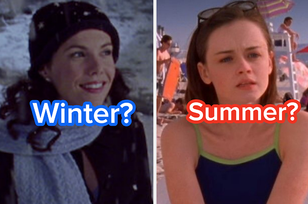 Lorelari Gilmore wears a hat and scarf in the snow and Rory Gilmore wears a dark bathing suit