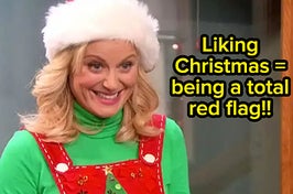 A close up of Leslie Knope dressed as an elf