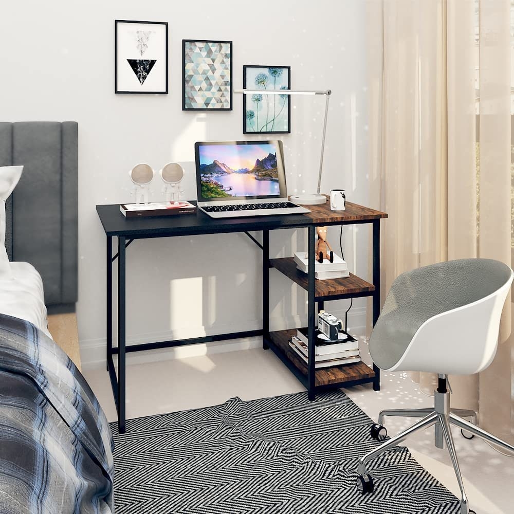 a desk with two shelves in a bedroom