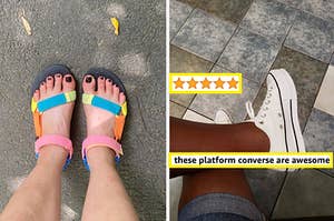 on left, reviewer wearing colorful Teva sandals. on right, reviewer wearing white platform Converse sneakers
