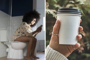 a woman looking at her phone while sitting on the toilet and a person holding a coffee cup