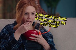 A close up of Wanda Maximoff eating cereal from a bowl