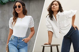 Two images of models wearing white shirts