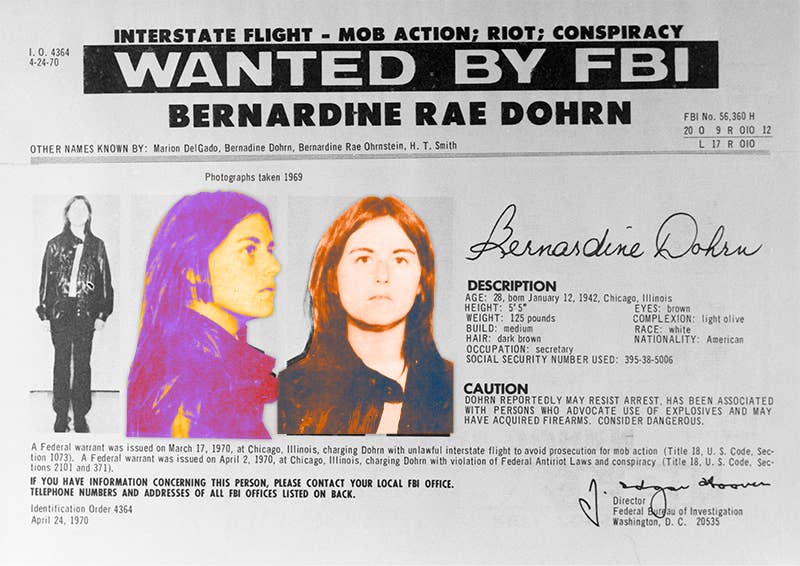 Bernardine Rae Dohrn&#x27;s wanted poster by the FBI, with her mugshot and profile picture edited in bright purple, yellow, and orange colors