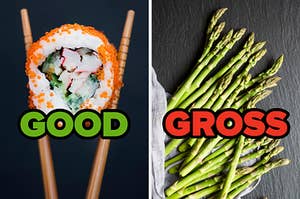 On the left, a piece of sushi in between some chopsticks labeled good, and on the right, some asparagus labeled gross