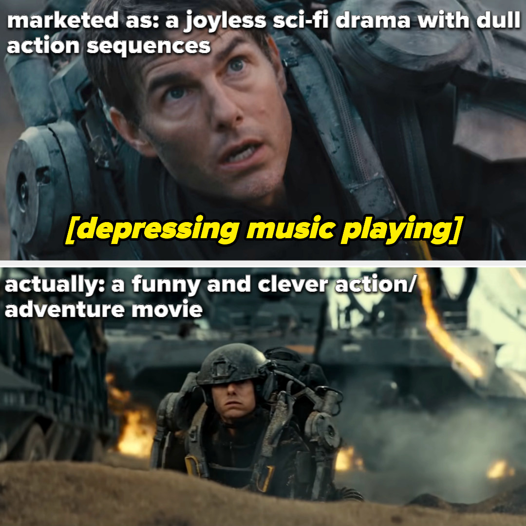 Tom Cruise in combat gear, in one scene with depressing music