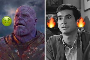 Thanos with a vomit emoji and Norman Bates with fire emojis