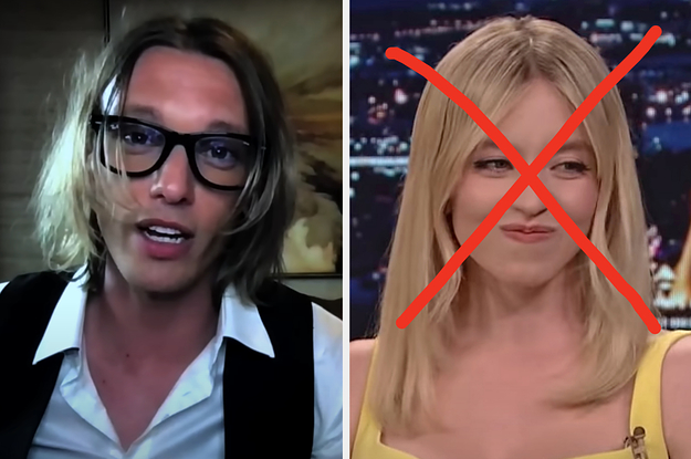 On the left, Jamie Campbell Bower, and on the right, Sydney Sweeney with an x drawn over her face