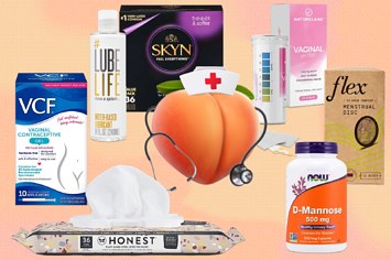 A peach with a nurse hat and a stethoscope surrounded by products recommended for a sexual health emergency kit.