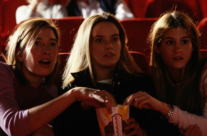Three women eating popcorn in a movie theater