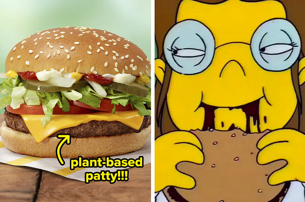Left: McPlant burger; Right: A Simpsons character biting into and enjoy a burger