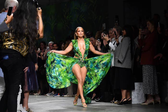 Jennifer Lopez walks the runway at the Versace show during the Milan Fashion Week Spring/Summer 2020