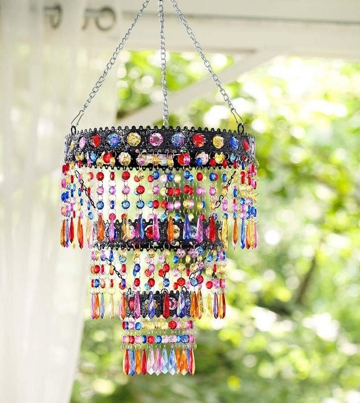 a beaded outdoor mini-chandelier with different colored beads