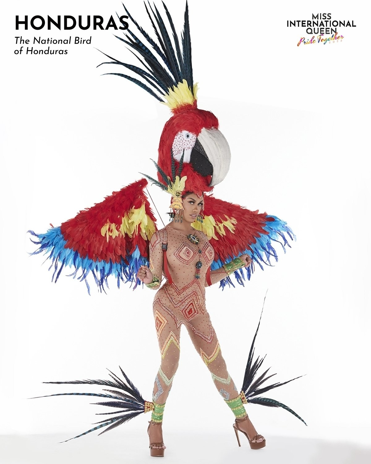Miss Honduras in a bodysuit with a bird headpiece and wings