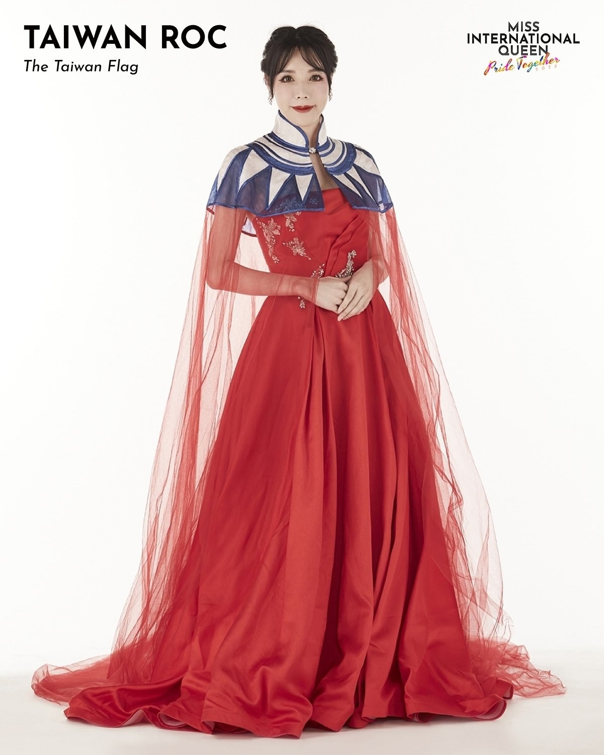 Miss Taiwan in an outfit with a blue and white shoulderpiece and long red dress
