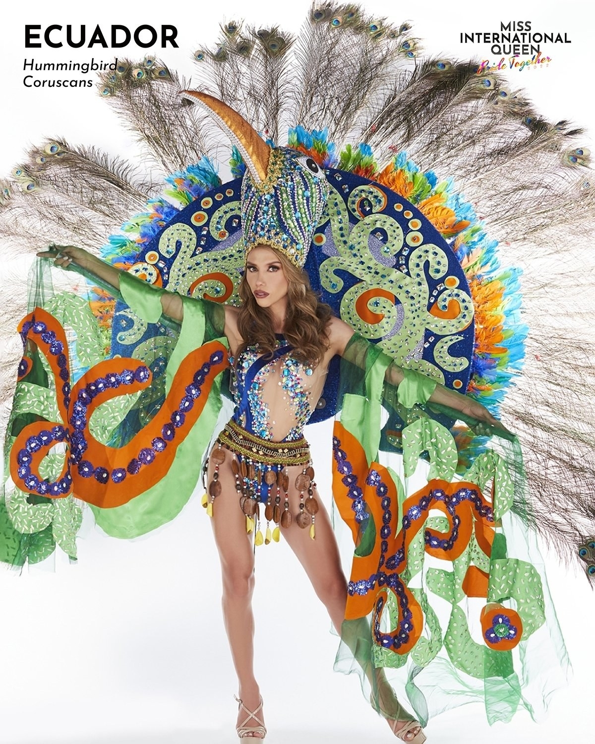 Miss Ecuador in an outfit with a bird headpiece and feathers