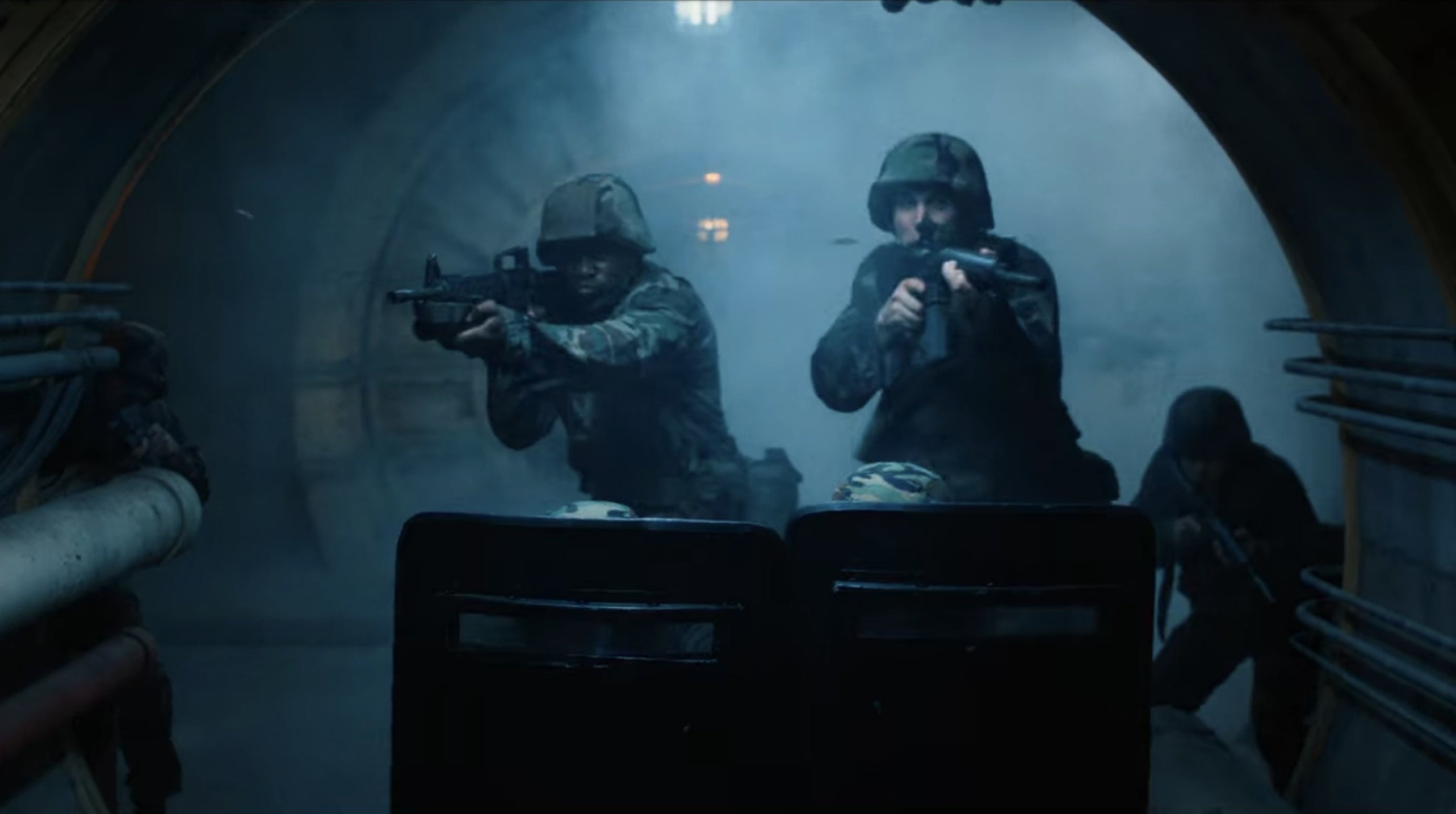U.S. military soldiers firing guns inside the Nina Project in &quot;Stranger Things&quot;
