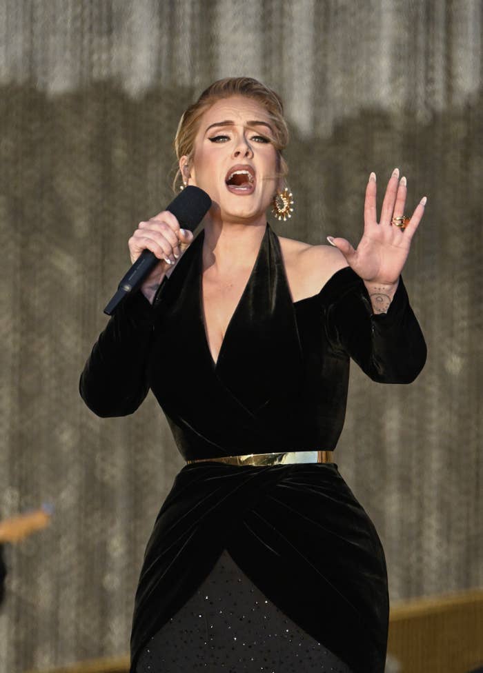 Adele performing in a beautiful, sophisticated gown